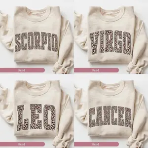 Leopard Zodiac Sweatshirt - Sand, Custom Astrology Sign Crewneck, 12 Horoscope Sweatshirts, Cute Birthday Gift For Her And Him, Virgo Leo Scorpio Cancer Libra Aries Taurus Gemini Sagittarius Capricorn Aquarius Pisces