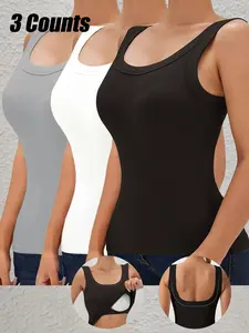 SERACAL 3 Pack Women Ribbed Knit Tank Tops, Sleeveless Slim Fit Basic Camisole With Built-In Bra, Casual & Gym Daily Wear