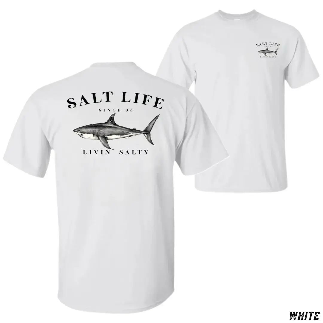 Unisex Salt Life Livin' Salty Shark T-Shirt, Offshore Fishing Graphic Tee, Soft Cotton Blend Shirt, Ocean Lifestyle Apparel for Men & Women, Perfect Angler Fisherman Gift, Trendy and Comfortable Wear for Ocean Adventures, Fits