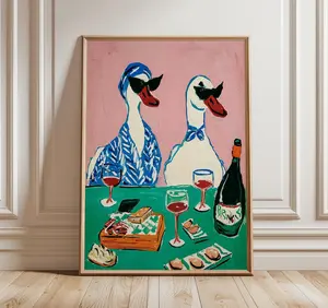 Duck Wine Party Art Poster, Quirky Animal Poster, Retro Wall Art with Ducks and Wine, Fun Dining Room or Kitchen Decor