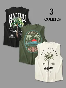 Men's California Coast Graphic Tank Top 3 Pack - Malibu Sunset Palm Tree Tropical Sleeveless Shirts, Stylish Tank Tops, Vest Tops, Breathable Summer Surf Style Muscle Tees for Beach, Travel & Casual Wear