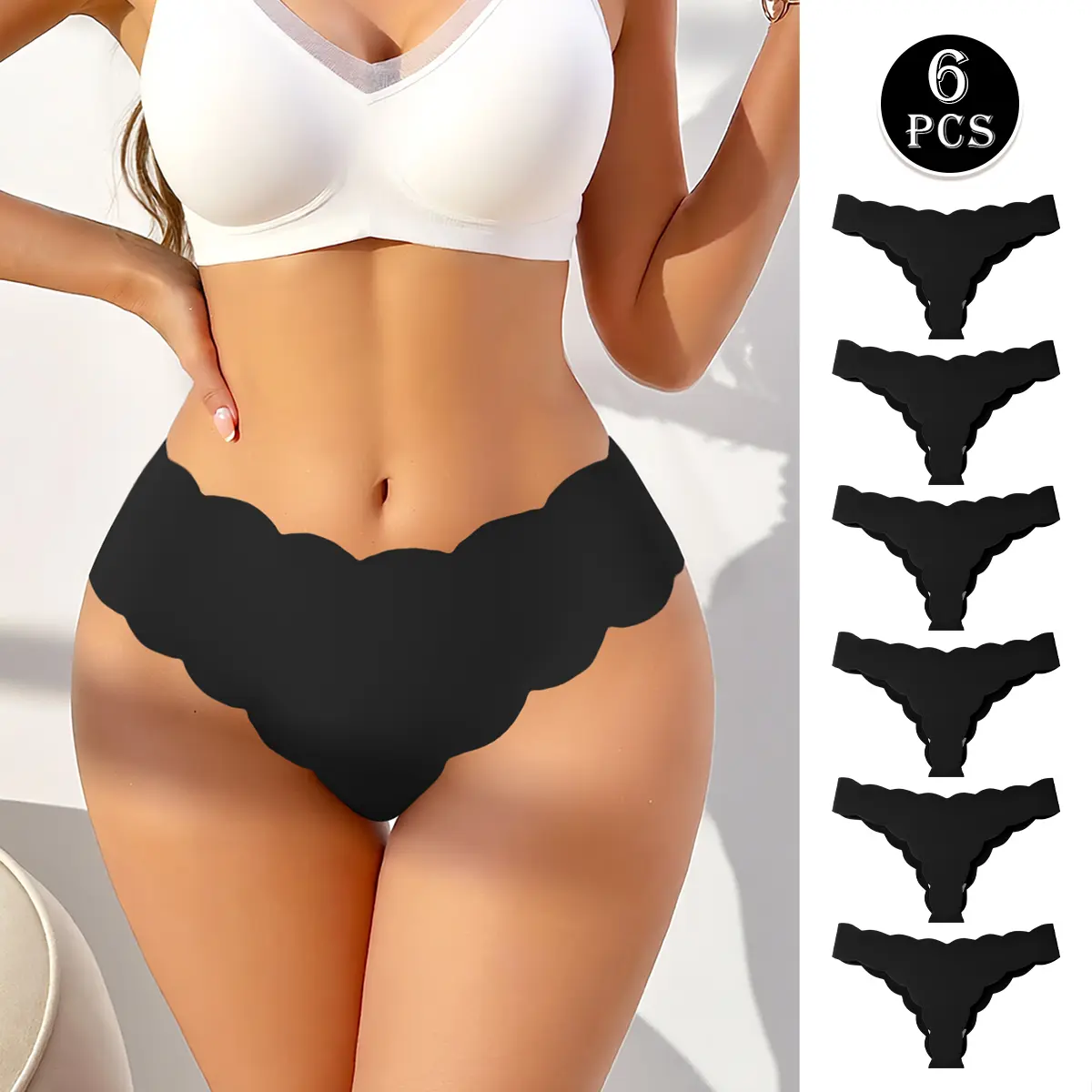 Hotcom Women's Preppy Pure Black Scalloped Edge High-Cut Seamless Panties - 4/6/8Pcs, Smooth Soft Breathable Fabric, Plus Size Basic Elegant Briefs for Summer Everyday Wear
