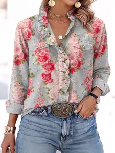 Chic Petal Vintage Floral Ruffle Button Down Shirt Western Cowgirl Boho Rodeo Top with Adjustable Fit- Womenswear Blue Casual Fabric