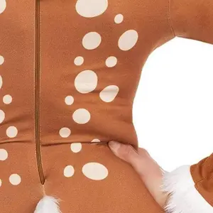 Women Christmas Reindeer Costume Furry Off Shoulder Long Sleeve Bodycon Jumpsuit Cosplay Party Outfit with Antlers