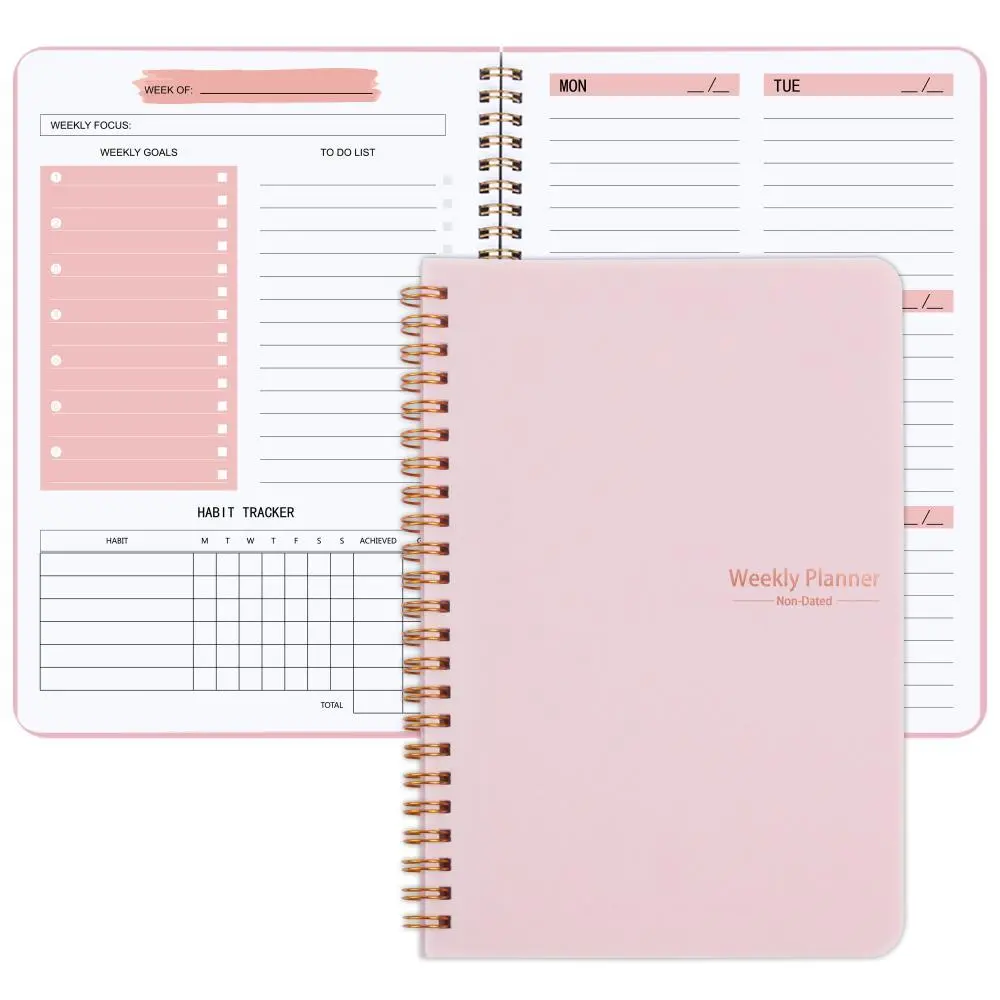 A5 Planner Notebook, Daily Weekly Monthly Planner Notebook, Undated Spiral Notebook, Spiral Bound Planner, Productivity Planner, Weekly Planner Notepad, Stationery Supplies for Home School Office
