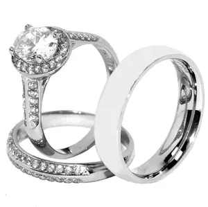 Lanyjewelry 3-PC Stackable Couple Rings Set - 8x6mm Oval Cubic Zirconia Solitaire Ring, Tarnish-Free Stainless Steel His Hers Matching Wedding Band Bridal Accessory, Stackable Rings
