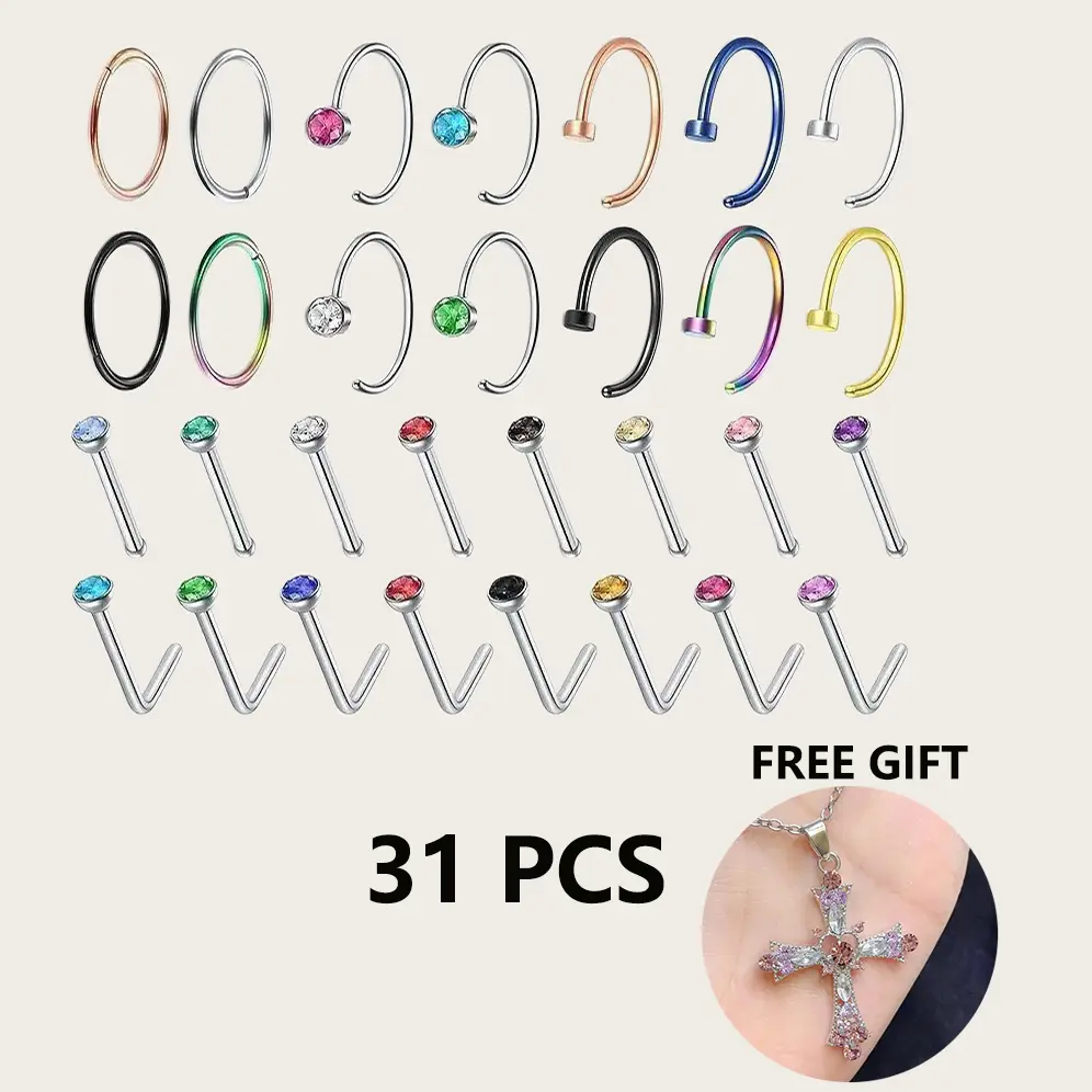 31Pcs Nose Piercing Kit - Minimalist Stainless Steel Hoops, L-Shaped & Bone Studs with Colorful Zircon for Jewelry Lovers, Party Wear