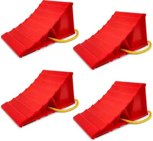 2 Pair Wheel Chocks for Travel Trailers, Non Slip Heavy Duty Red Wheel Chock with Rope, Lightweight Wheel Stoppers for Cars Campers Trucks RVs, Easy to Carry & Suitable for Most Tyre Sizes