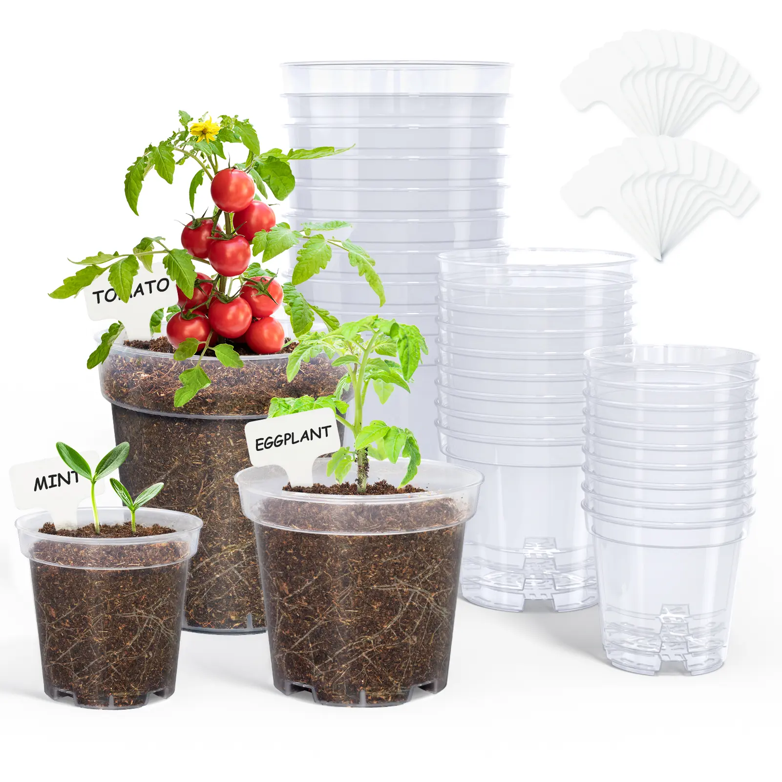 HOMENOTE Nursery Plastic Plant Pots with Drainage Holes, 3/4/5 Inch Breathable Planters, Durable PP Material, Raised Base for Airflow, Sturdy Feel, Garden Accessories with 20 Labels, Breathable Planter