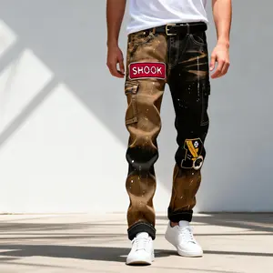 Men's Street Fashion Retro Versatile Splashed Ink Embroidered Jeans Fashion Menswear Breathable Jackets Shoe Pocket Wetsuit-001