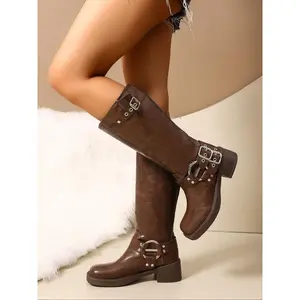 Women’s modern fashion square toe boots with buckle strap design—comfortable and durable trendy women’s footwear for everyday wear