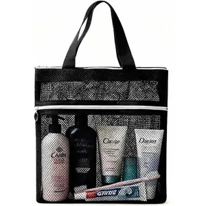 Mesh Shower Caddy Portable Quick Dry Tote Bag with Zipper & 2 Pockets, Large Caddy Mesh Shower Organizer for College Dorm, Swimming, Gym, Beach, Travel Essentials (Black) YUENCHING