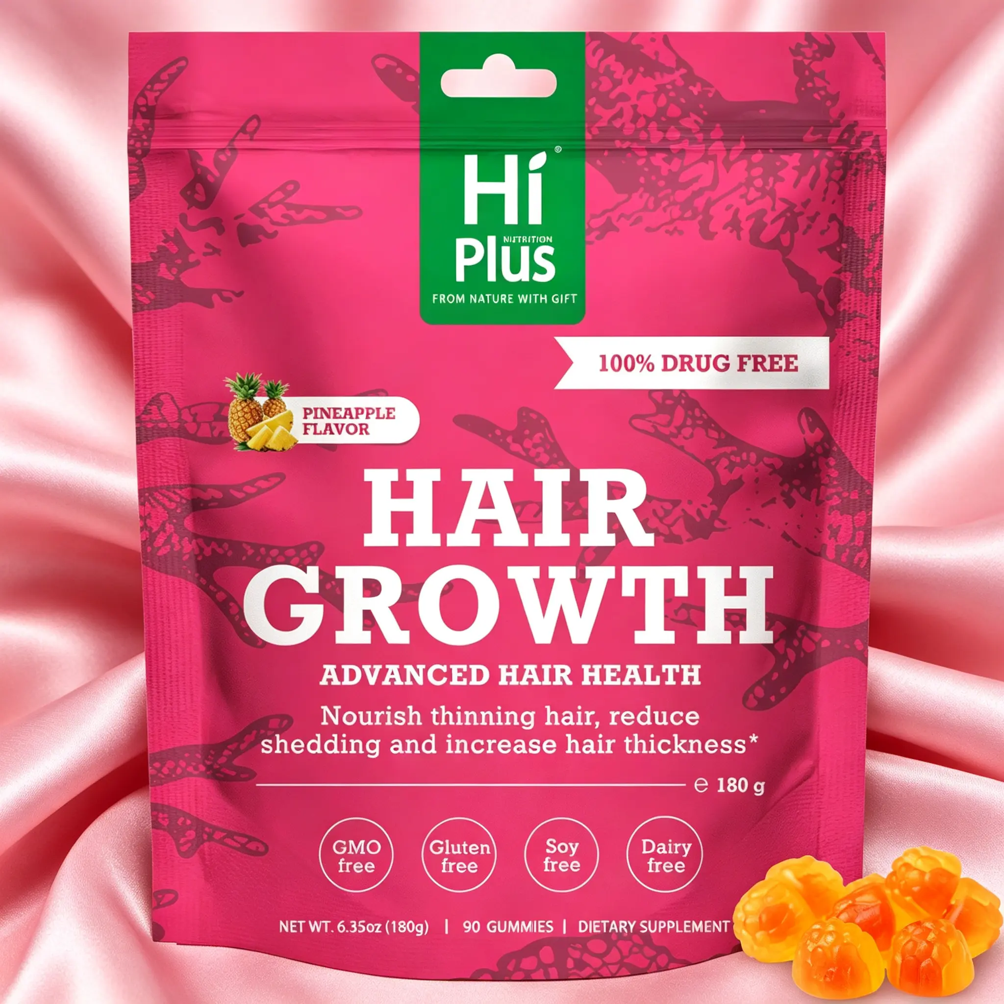 HiPlus Edible Beauty Protein Collagen Supplement Gummies - Pineapple Flavor, 90 Count, Non-GMO, Gluten-Free, Ashwagandha, 0 Sugar, Cinnamon Bark Extract, Zinc, Vitamin C, Energy Support Healthcare Dietary Aid for Hair Loss