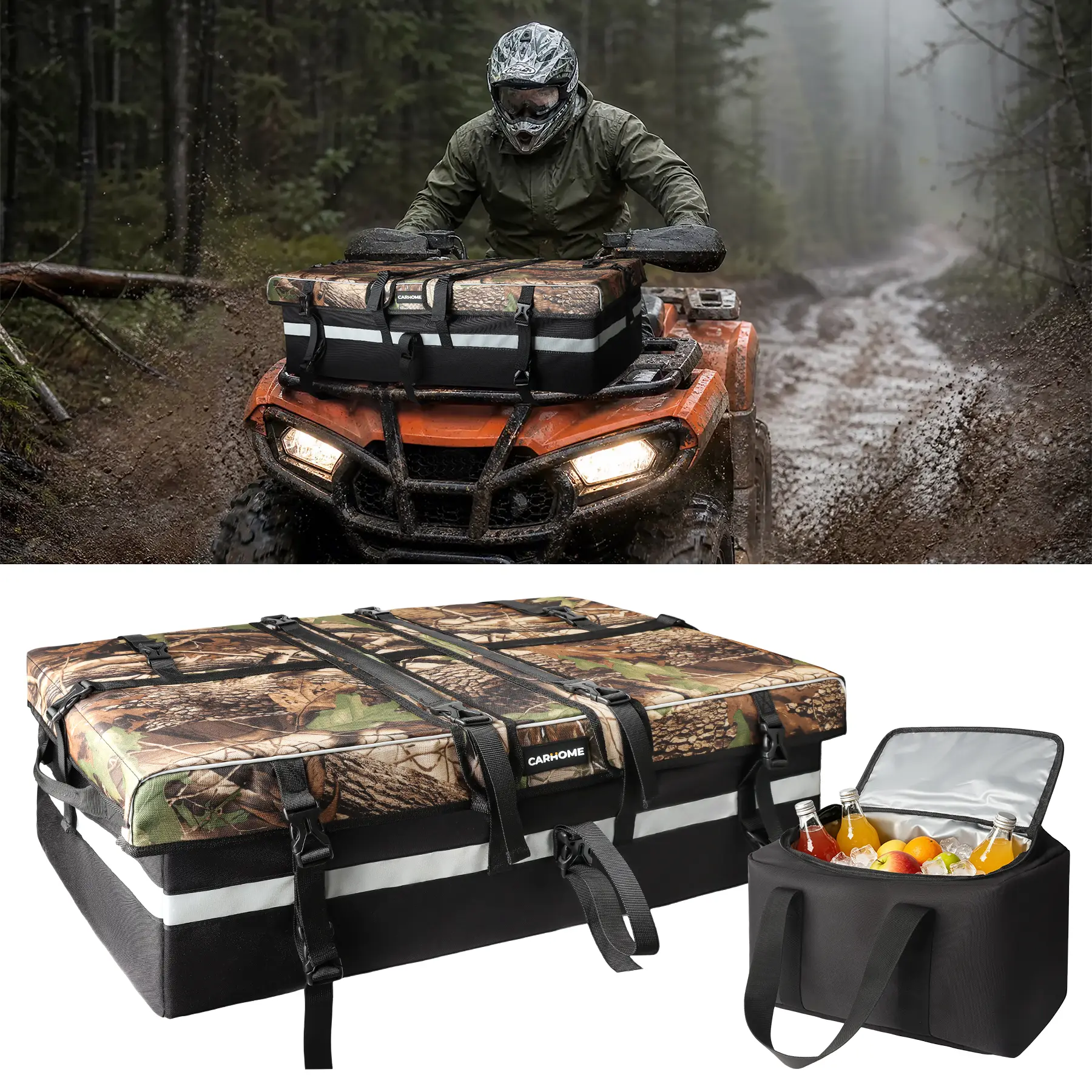 【CARHOME】80L ATV Storage Bag with 13L Insulated Cooler, Zipperless Cargo Bag for Front & Rear Racks, Rain Cover Included, Compatible with Rack and Grooved Panels, for Hunting, Camping & Trail Riding
