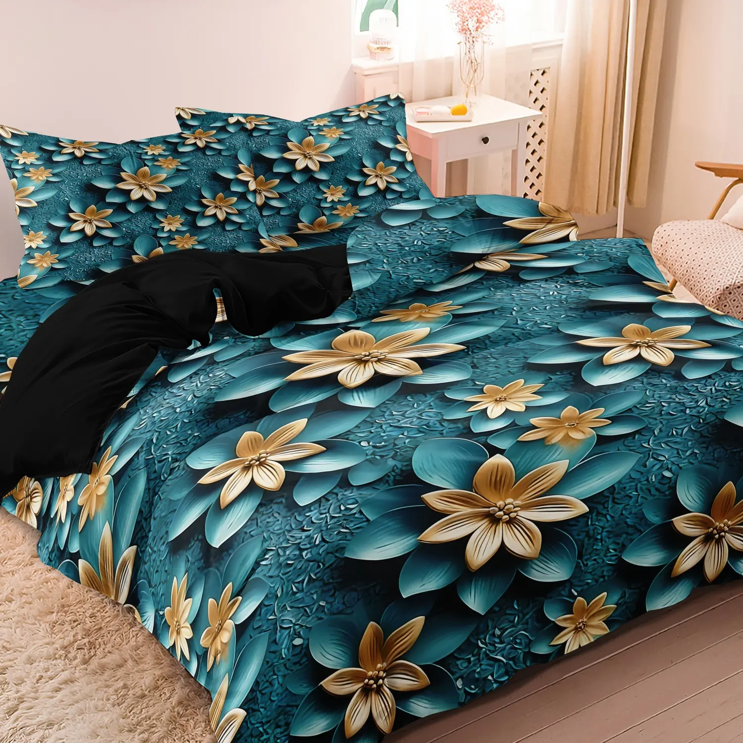 3pcs Deep blue-green color & Golden flower pattern Bedding Decorative Duvet Cover Set (1 Duvet Cover + 2 Pillowcases,No Comforter, No Pillow) Zip Closure, Machine Washable - Ideal for All Seasons, Perfect Gift for Family & Friends Bedroom Bedding Set