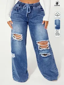 Women's Plus Size Ripped Denim Jeans, High Waist Elastic Waist Drawstring, Loose-Fitting Oversized Long Pants, Casual Y2K Streetwear Style, All Seasons Fashion