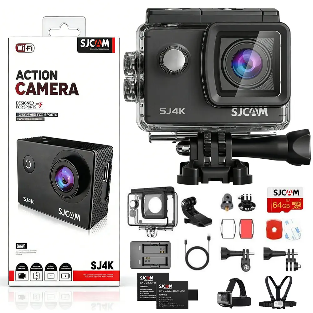SJCAM SJ4000 Sports Combo 4K Action Camera, 40MP 3-Axis EIS Stabilization Motorcycle Sport Camera, 170°FOV Waterproof Camera Underwater, 5X Zoom, Dual Batteries, 32G SD Card and Helmet Accessory Kit, Vlogging Camera for Adventure Photography