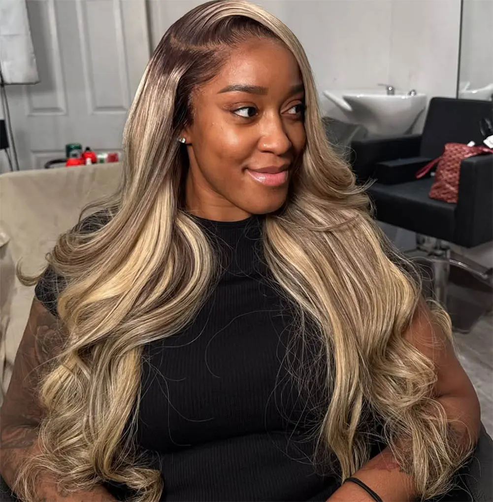 Rina 13x6 Ombre Milk Tea Ash Blonde with Brown Highlights Lace Front Wig 100% Virgin Human Hair 200% Density Pre Plucked HD Lace Wig for Women