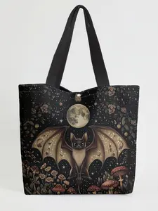 Bat Pattern Casual Storage Bag, Night Scene, Fashionable and Trendy, Suitable for Daily Shopping, Office Use, All Seasons