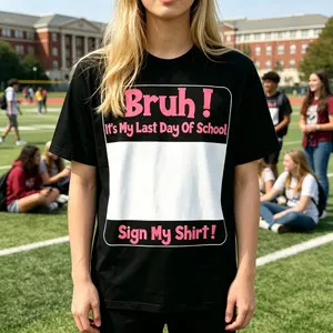 Hilarious Graduation Signature T Shirt for Students Viral Bruh Sign My Shirt Tee in Pink and Black Celebrating Last Day of School and Memorable Moments