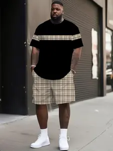 Men's Plus Size Fashion Plaid Print Two-Piece Set, Round Neck Short Sleeve T-Shirt and Shorts, Lightweight Comfortable Summer Casual Wear