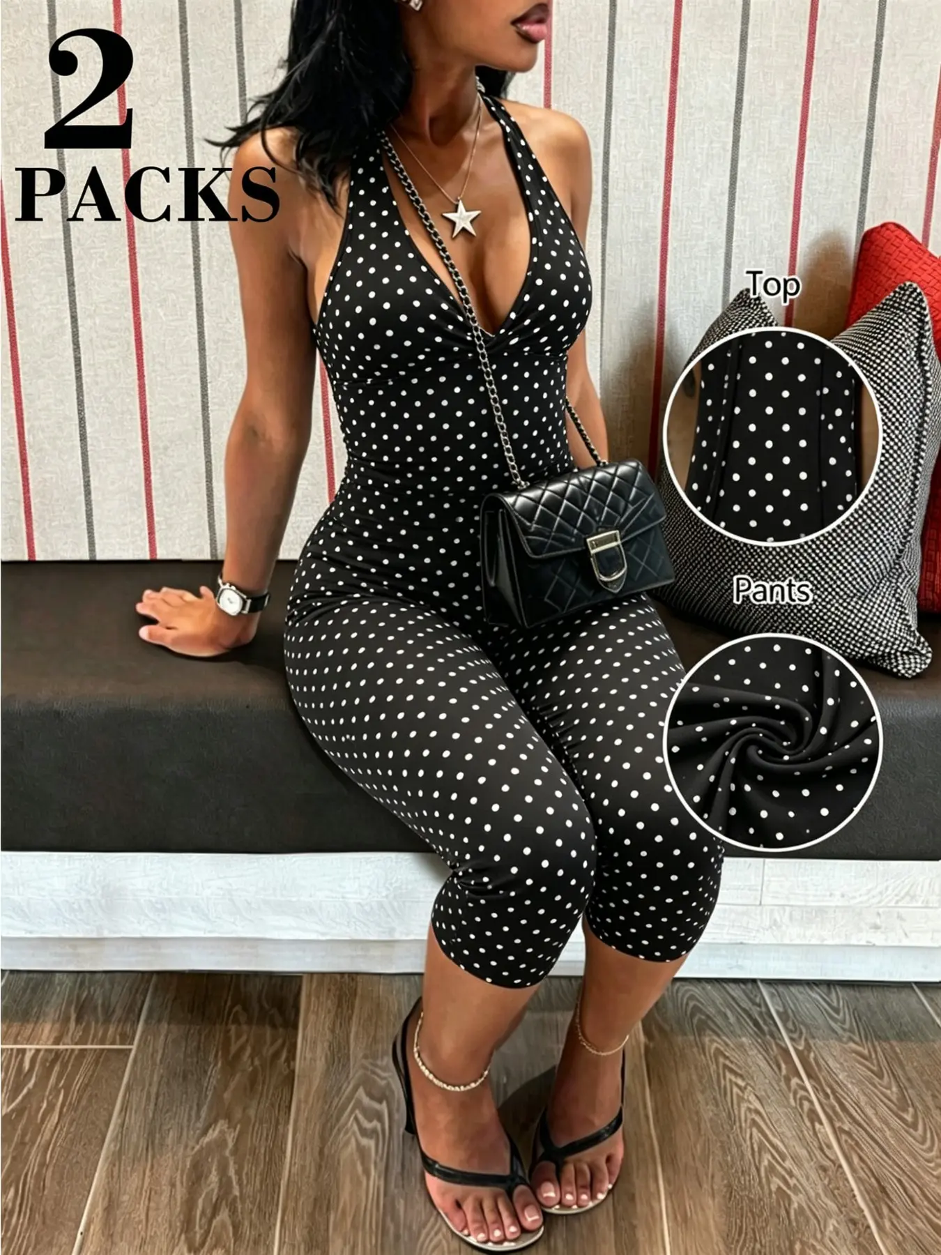 Women's Y2K Versatile Retro Polka Dot Halter Neck Crop Top & Capri Leggings Set for Campus, Outing and Home