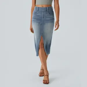 Halara Flex High Waisted Pockets Bodycon Washed Denim Casual Midi Skirt