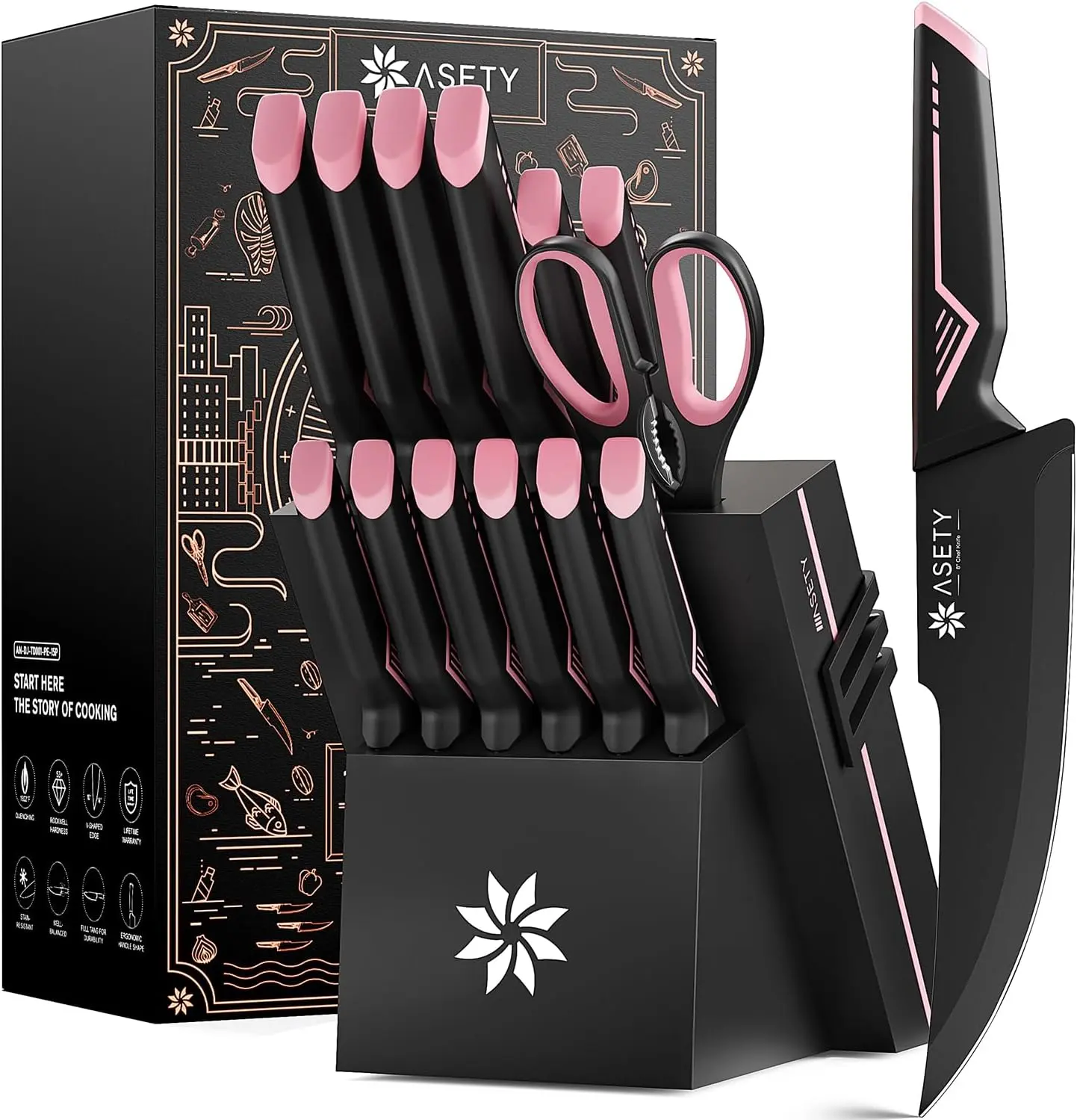 Knife Set - 15 PCS Kitchen Knife Set with Built-in Knife Sharpener Block - Stainless Steel Knife Block Set - Dishwasher Safe, Elegant Box for Her Women Wife, Fathers day, Pink