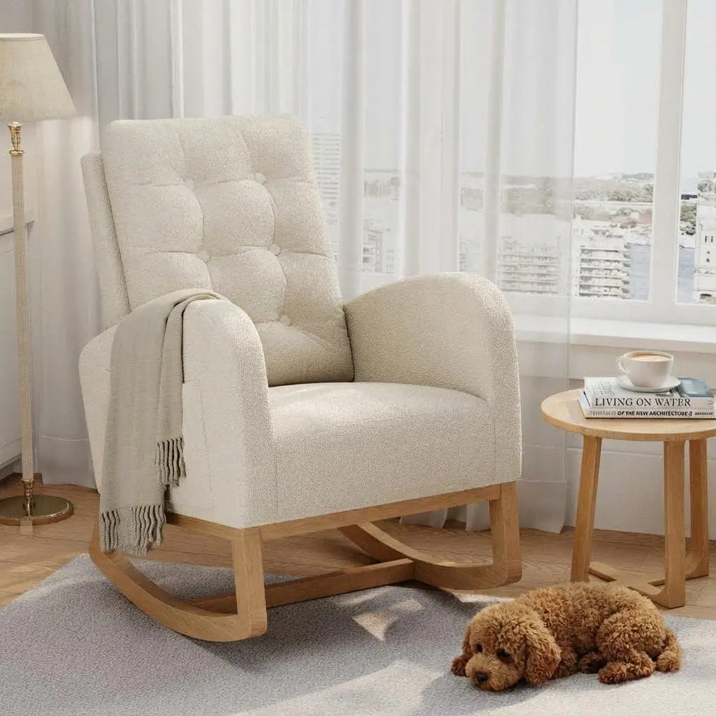 Garvee Modern Rocking Chair for Living Room-Beige | Comfortable Recliner Rocker with Side Pocket, Soft Linen Upholstered Glider Chair for Bedroom, Nursery, Lounge