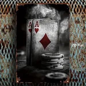 1pc Vintage, Rustic Design Poker Table Decor - Themed Metal Plaque with Ace of Spades, Poker Chips & Playing Cards - Heavy-Duty Iron Construction - 8x12 Inches - Poker Room, Game Room, for Man Cave, Poker Party Decoration - Easy Mounting Hardware Included