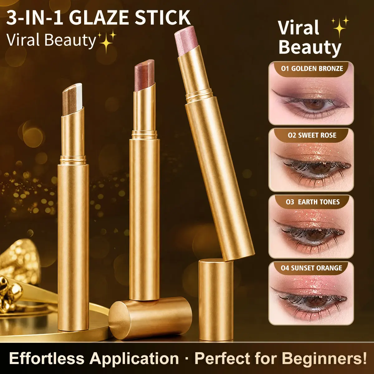 Buy 1 Get 3 Free!3-Color Eyeshadow Stick Gradient,New Long Lasting & Waterproof Creamy Eye Shadow，Portable Glitter shadow for Women，Smudge-Proof Long Lasting，Shimmer shadow for Day and Night (Fine Shimmer Brownish Orange)
