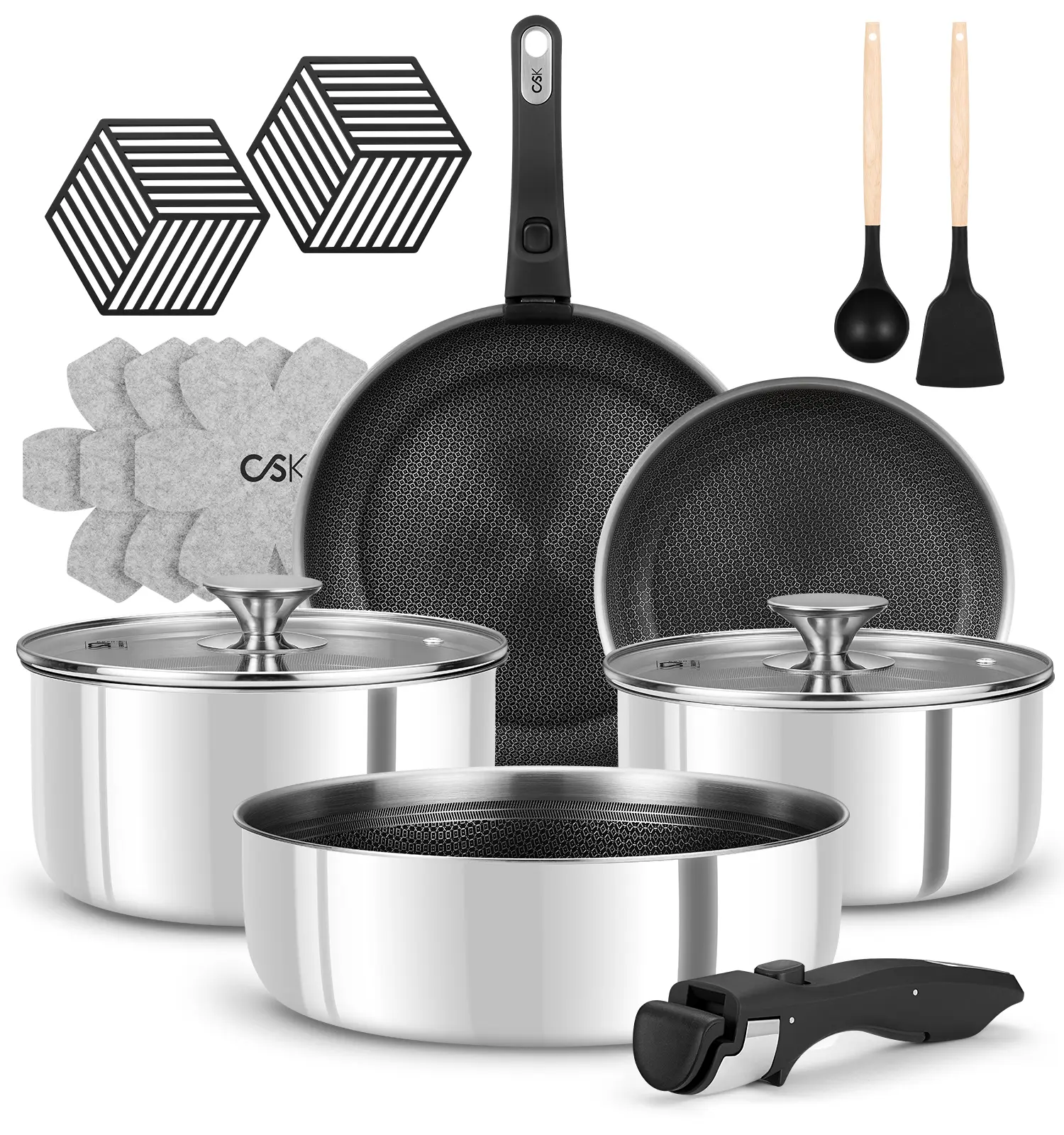 KOCH SYSTEME CS 17 Pcs Tri-Ply Hybrid Nonstick Stainless Steel Cookware Set | Detachable Handle Pots and Pan Set, Induction Cookware with Removable Handle, Metal Utensil Safe, Dishwasher & Oven Safe