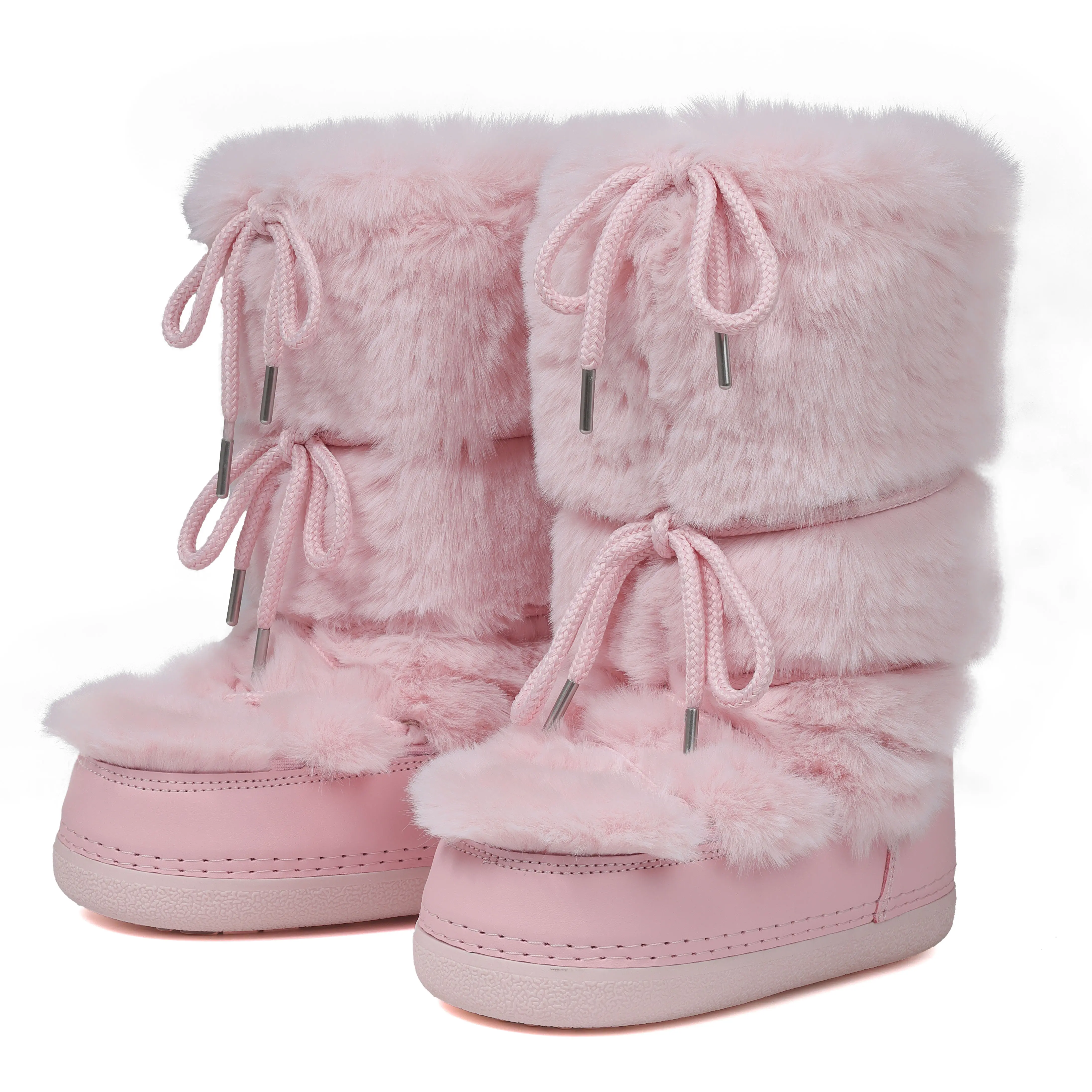 Womens Faux Fur Boots Mid Calf Round Toe Platform Heel Lace 