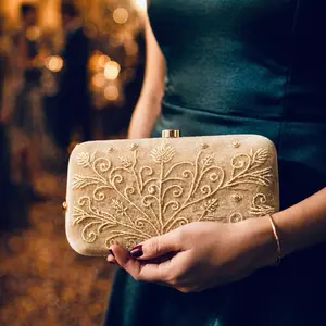 Gold Champagne Beautiful Beaded and Embroidery Adorned Clutch with Detachable Strap and Handle Fits a Phone in Gold