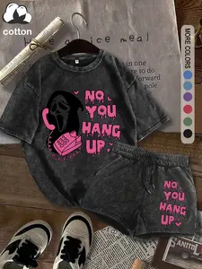 Washed cotton, two-piece suit for women, "Scream" classic ghost face image letter print T-shirt and shorts, casual Breathable short-sleeved Round Neck T-shirt and shorts, women's four-season two-piece suit, women's clothing, Fitted, Womenswear