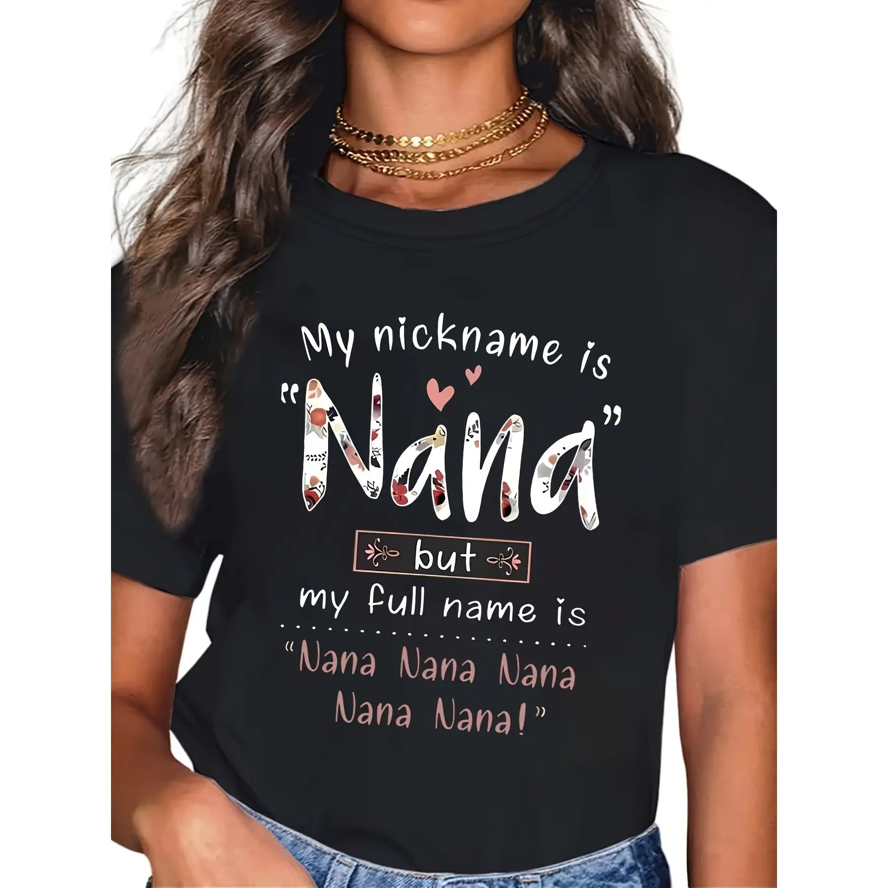 Women's Lady's Polyester NANA Letter Print Tshirt - Casual Round Neck Fitted Sports Top, Comfortable for All Seasons, Shortsleeve, Fabric