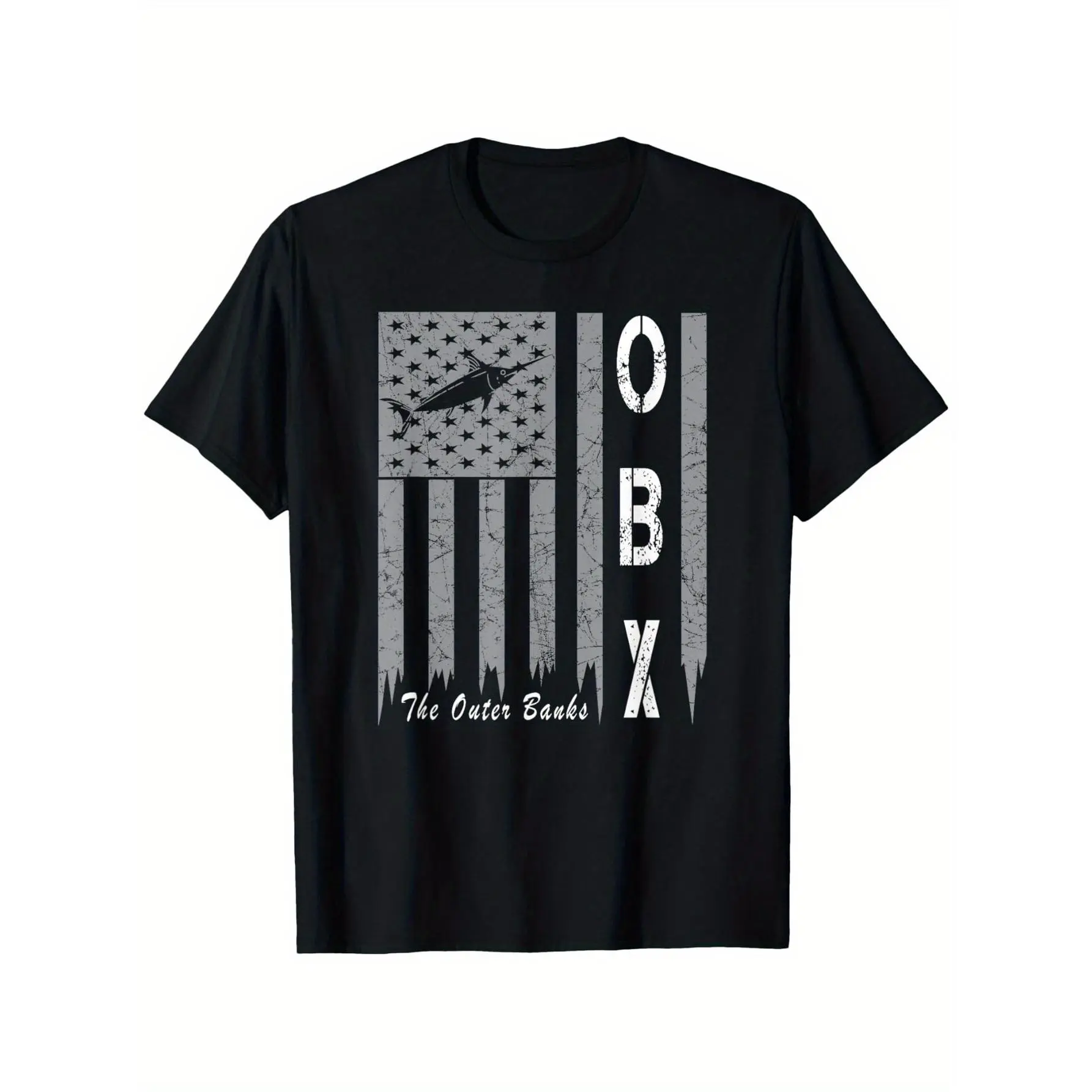 OBX Outer Banks North Carolina Men's Fishing Shirt - 100% Cotton, Round Neck, Black, Fabric Weight,Made in USA