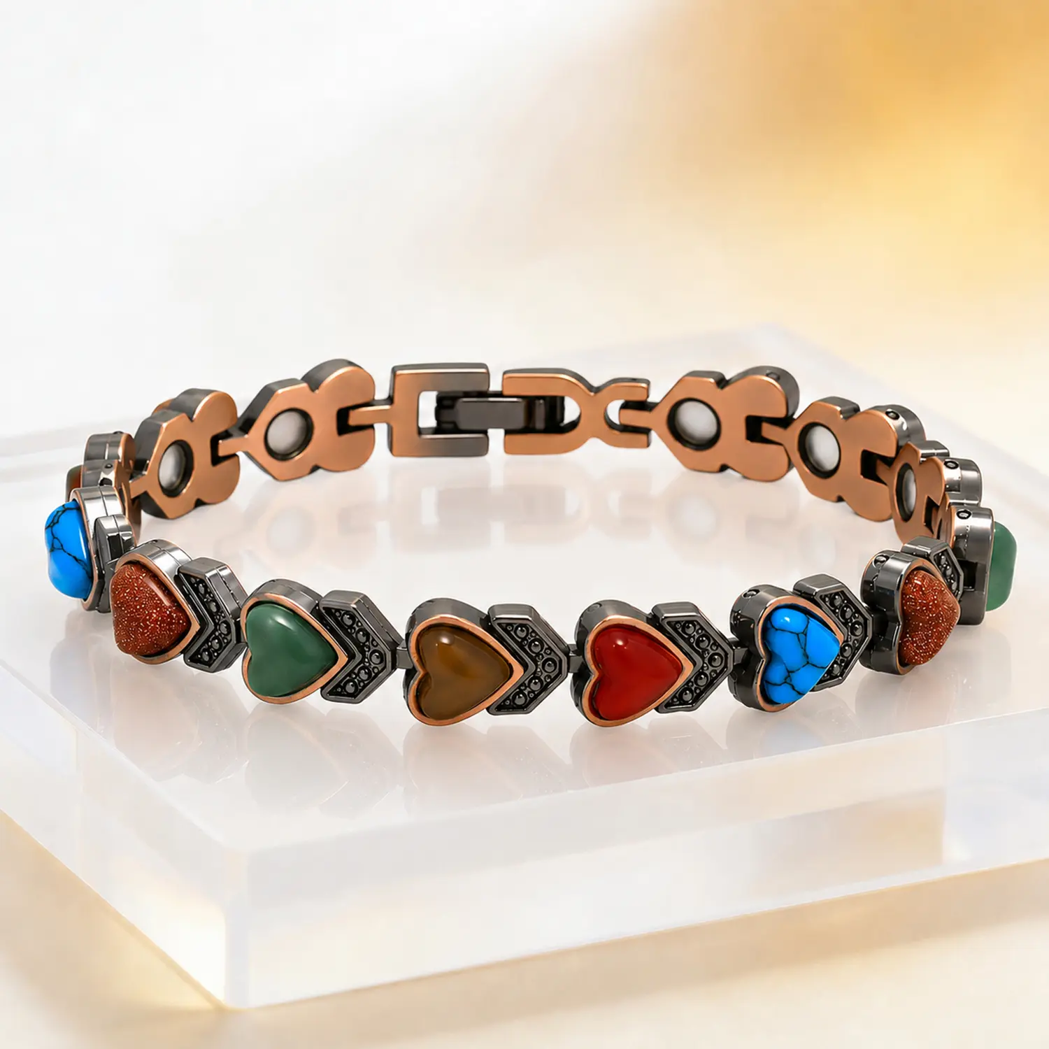 EMPTAN Women's Pure Copper Magnetic Bracelet - Copper Link Magnetic Chain with Retro Texture, Natural Multi Stone Healing Gemstones, Stylish Health Jewelry, Ideal Gift for Women, Perfect for Daily Wear