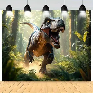 1pc Dinosaur Jungle Party Banner Decoration - Dinosaur Hanging Decor, Durable Polyester Fabric, No Power Required, Vibrant Print, Lifelike T-Rex Design, High-Quality White Ornament for Birthdays, Indoor/Outdoor Use
