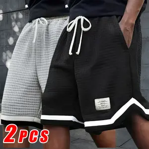 2 Pack Plus Size Men's Waffle Knit Shorts - Elastic Drawstring Waist Casual Summer Shorts with Breathable Soft Fabric, Solid Color Versatile Design, Plus Size Men's Shorts Gray Mens Tropical Menswear Big short shorts