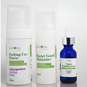 Natural Skin Care Face Brightening AM+PM Bundle - Purifying Mousse 150ml, Barrier Guard Moisturizer 30ml & Vitamin Serum for 24-Hour Glow & Repair