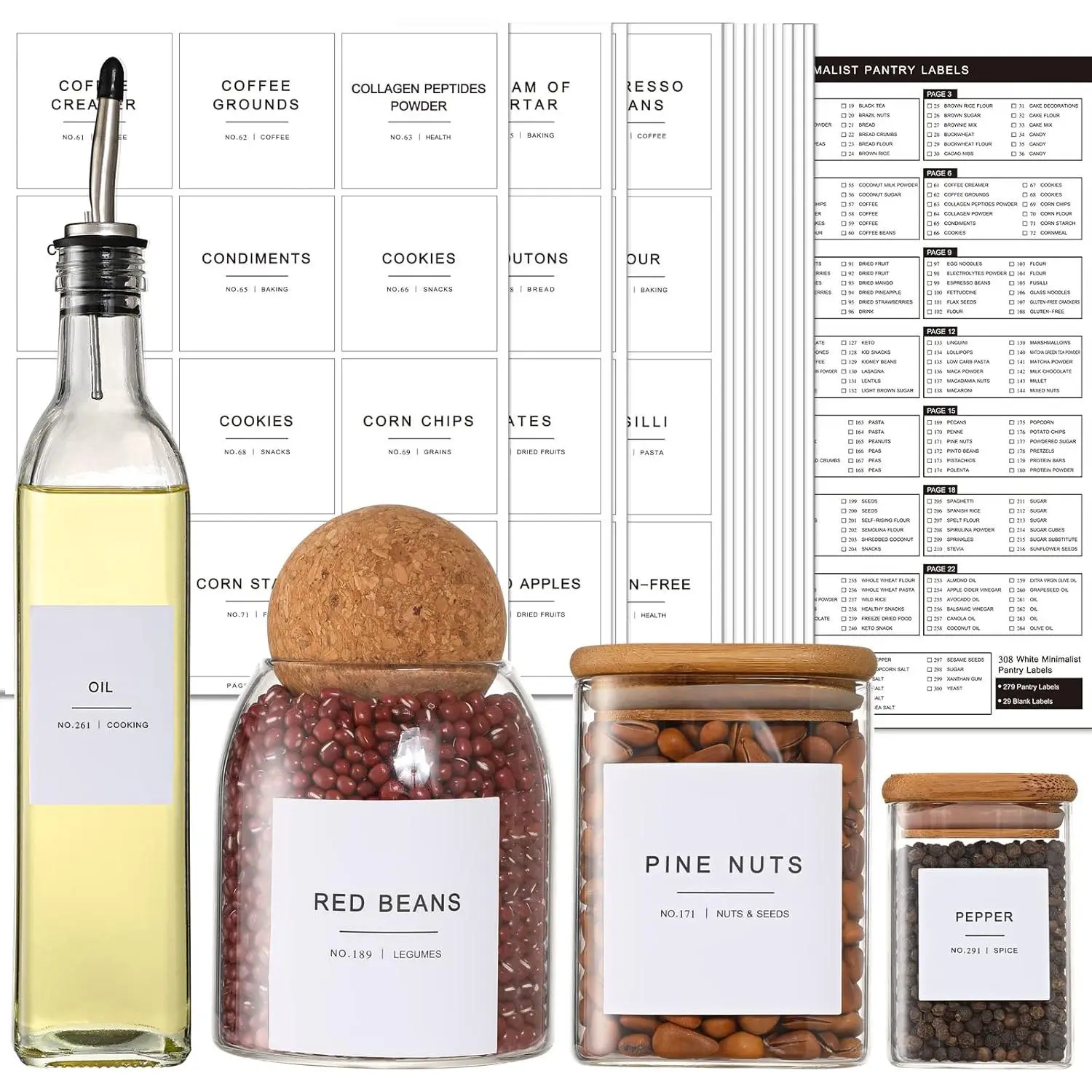 308 Kitchen Pantry Labels for  Containers, 3 Sizes White Minimalist Organizing, Jars, Storage Bins, Preprinted  Containers
