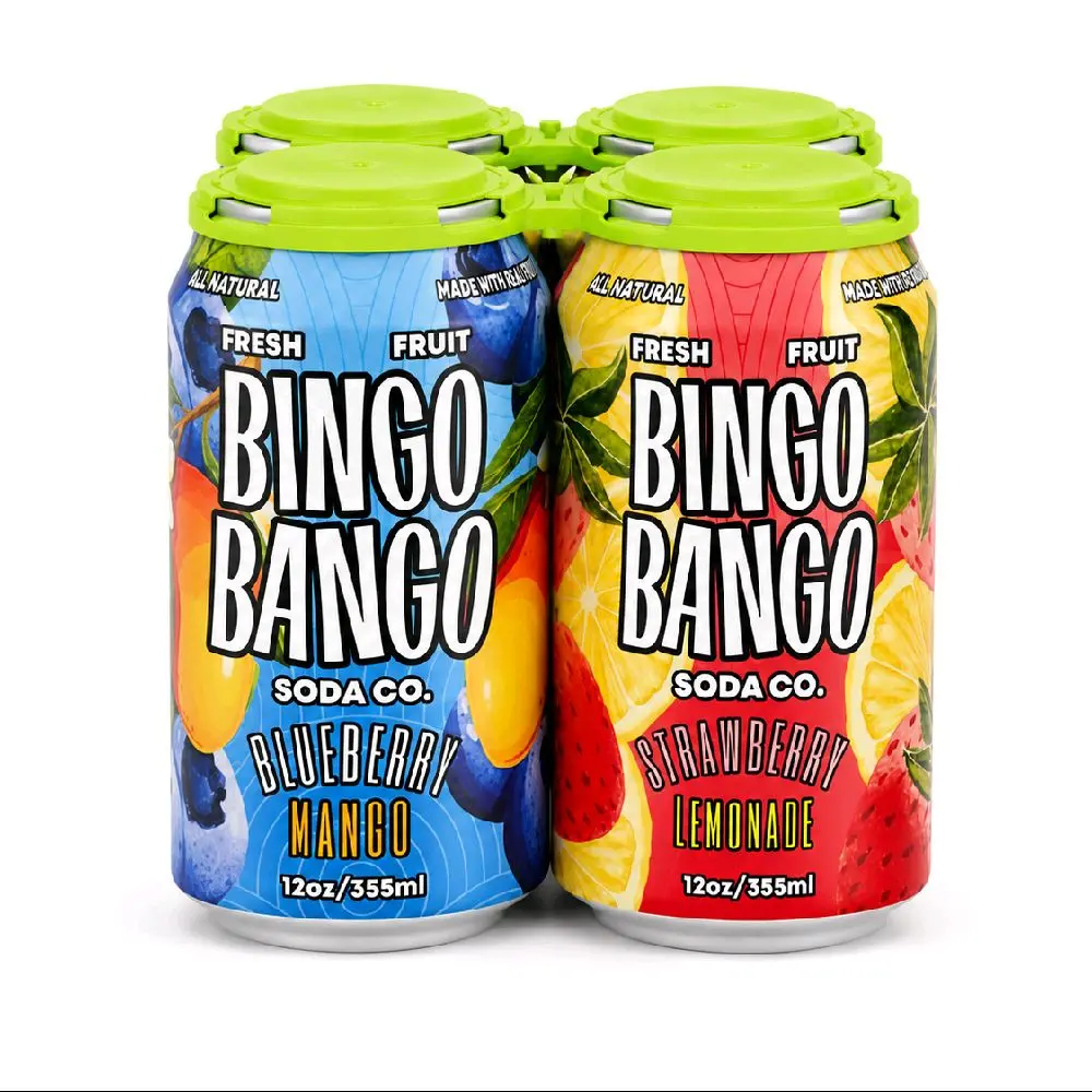 Bingo-Bango Real Fruit Soda - Mixed Variety 4-Pack Strawberry Lemonade, Blueberry Mango, Lemon Peach Pom, and Passion Berry.