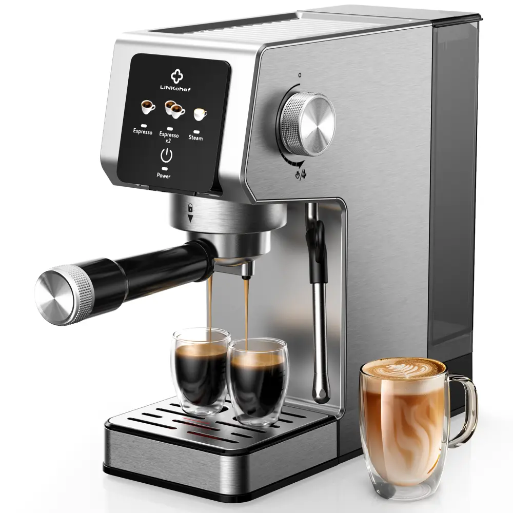 LINKChef 20-Bar Pump Automatic Espresso Machine - 1300W Professional Model with 1300W Heating, Automatic Steam Wand for Froth, 40 oz Convenient Removable Water Tank, Flexible Single & Double Shot Brewing for At-Home Use, Stainless Steel, At Home Espresso