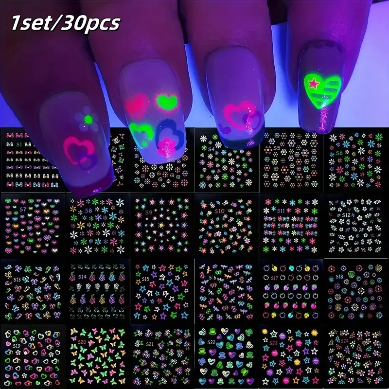 3D Glow Effect Neon Nail Stickers, Shiny Self-Adhesive Butterfly Heart Flower Designs, DIY Manicure Nail Art Decorations for Women Girls, Nail Effects, Flower Design Nails, Nail Art Accessories