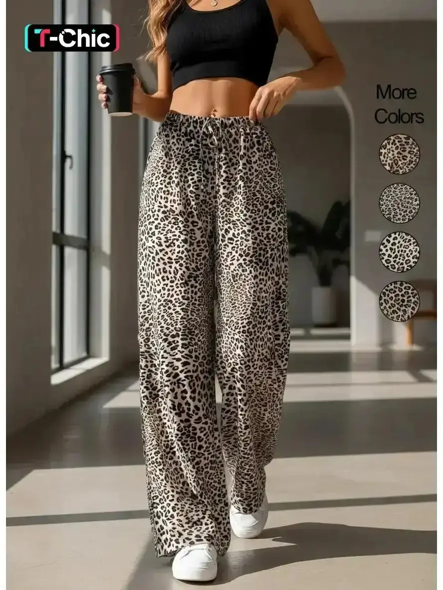 Women's Leopard Print Drawstring Waist Wide Leg Pants, Casual Palazzo Pants, Casual Comfy Trousers for Spring & Fall, Women's Bottoms for Daily Wear, Womenswear, Casual Fashion Bottoms, Casual Streetwear Trousers