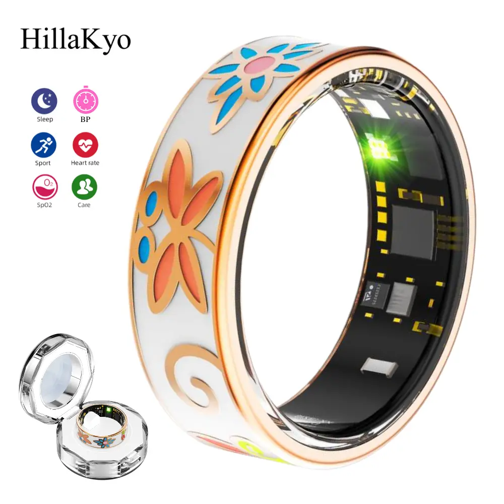 Hillakyo Women's Floral Enamel Smart Ring - Fitness Health Tracker with Workout Monitoring, Heart Rate, SpO2, BP, Step & Calorie Counting, Sleep Tracking, IP68 Waterproof, 5-Day Battery, No Subscription, iOS/Android Sync, Bluetooth Remote Camera Shutter
