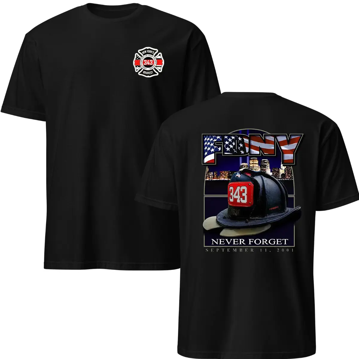 Unisex 343 Firefighter Memorial Graphic Print T-Shirt - 9/11 Never Forget Tribute, FNY Helmet Design, New York's Bravest Memorial Wear (Sports & Outdoor Top)