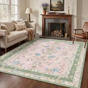 【Deals For You Days】GENIMO Area Rugs for Living Room, Machine Washable Non Slip Vintage Rugs, Low Pile Lightweight Chenille Print Rug for Bedroom, Dining Room, Home Office, Light Green Pink