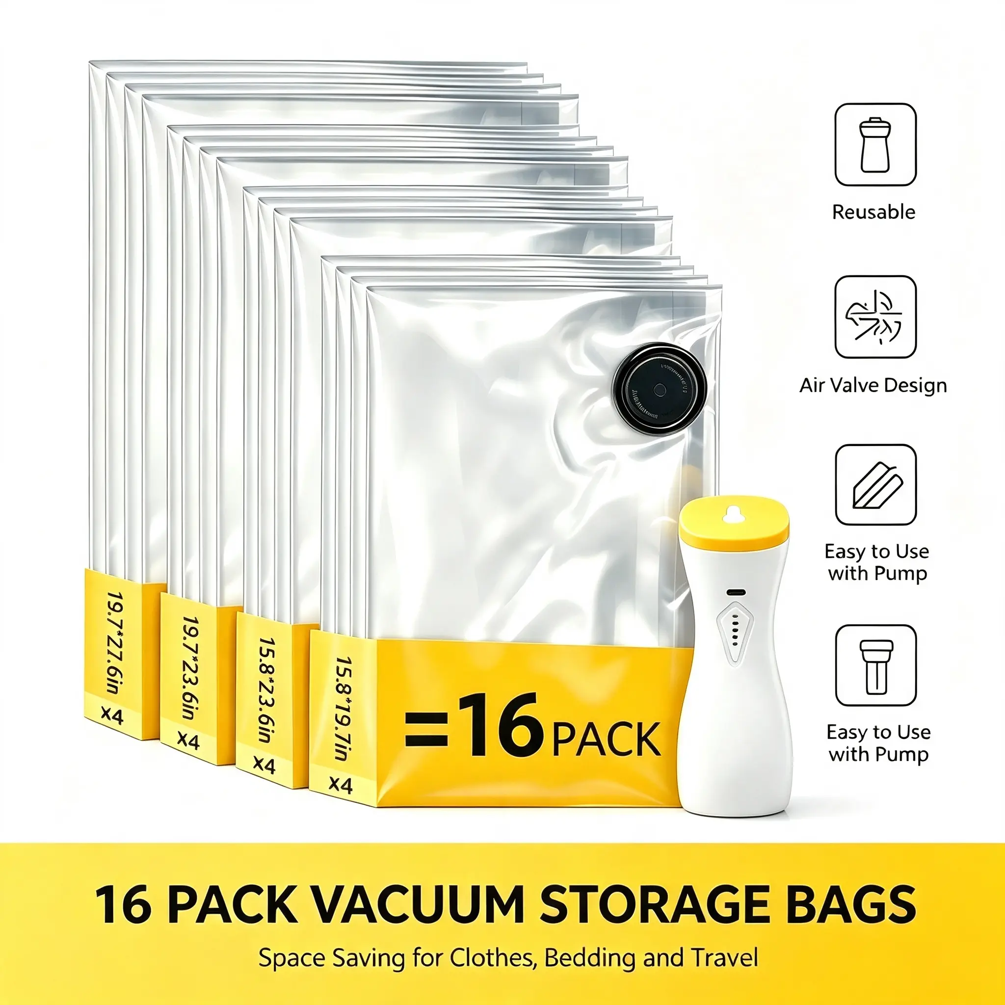 Kiruxna 16-Pack Vacuum Travel Storage Bags with 2-in-1 Rechargeable Cordless Air Pump, Multi-Size Airtight Space Saver (19.7*27.6in,15.8*19.7in) for Clothes Bedding, Durable Home Supplies for Business & Home Organization, 1200Mah Rechargeable Battery